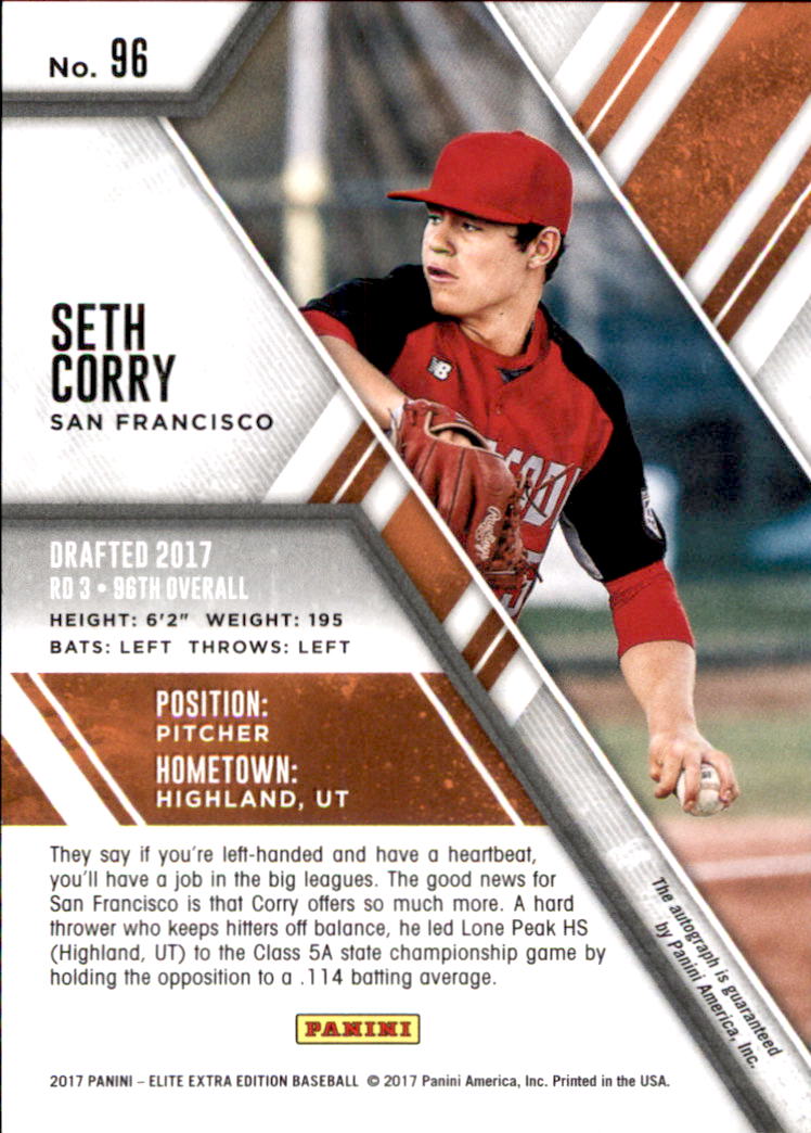 2017 Elite Extra Edition Autographs #96 Seth Corry back image