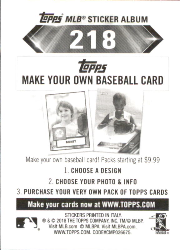 B1374- 2018 Topps Stickers Baseball Cards 216-301 -You Pick- 15+ FREE US SHIP - Picture 7 of 141