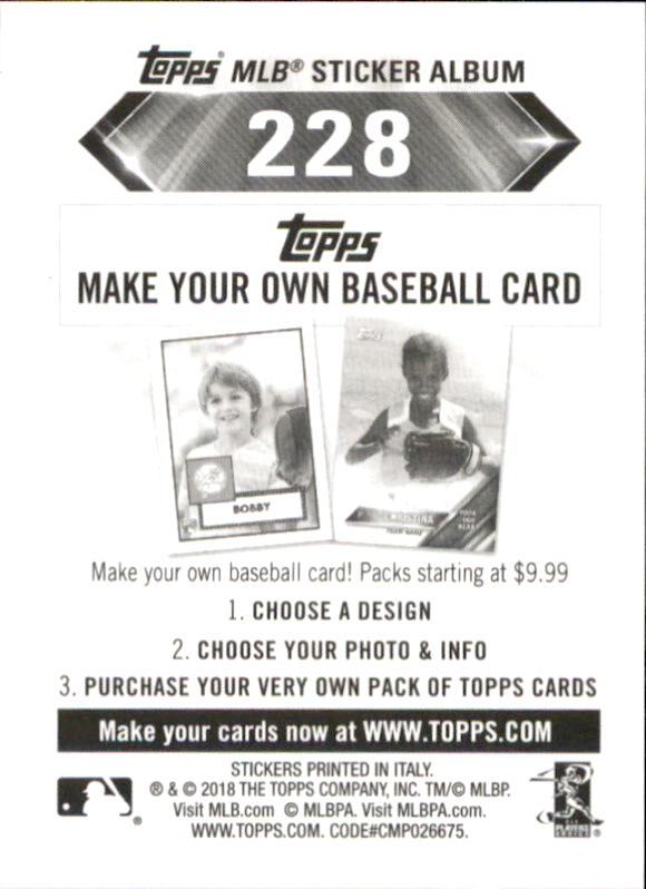 B1374- 2018 Topps Stickers Baseball Cards 216-301 -You Pick- 15+ FREE US SHIP - Picture 27 of 141
