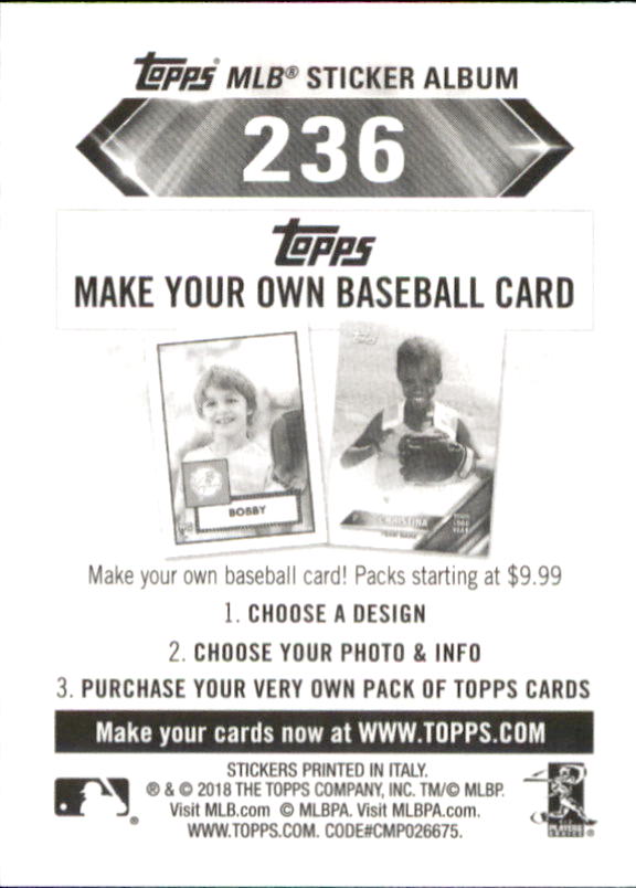 B1374- 2018 Topps Stickers Baseball Cards 216-301 -You Pick- 15+ FREE US SHIP - Picture 43 of 141