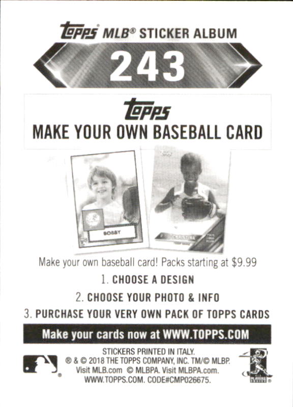 B1374- 2018 Topps Stickers Baseball Cards 216-301 -You Pick- 15+ FREE US SHIP - Picture 55 of 141