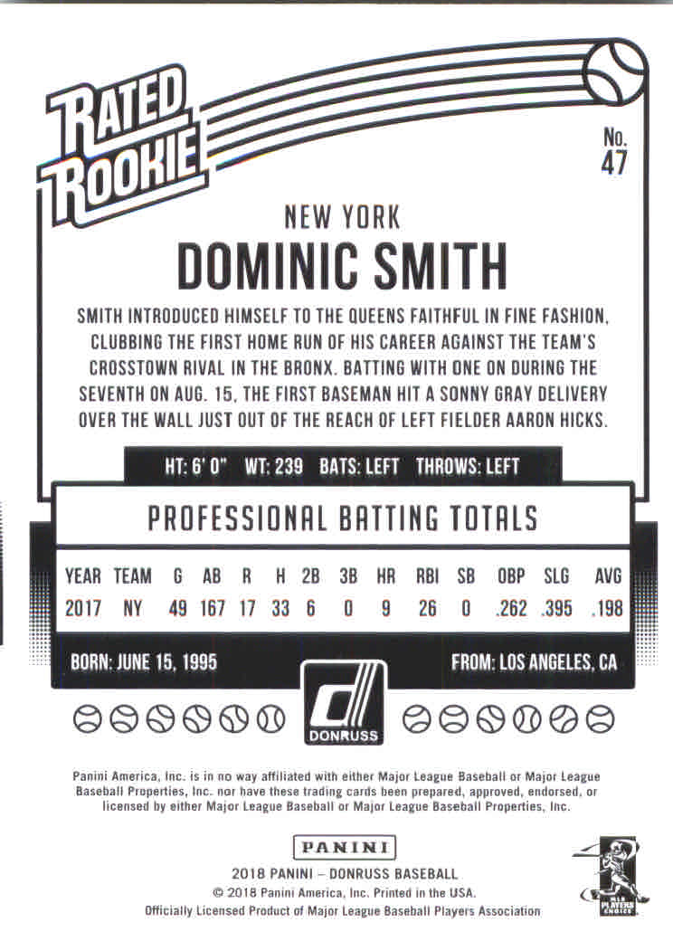 2018 Donruss #47 Dominic Smith RR RC back image