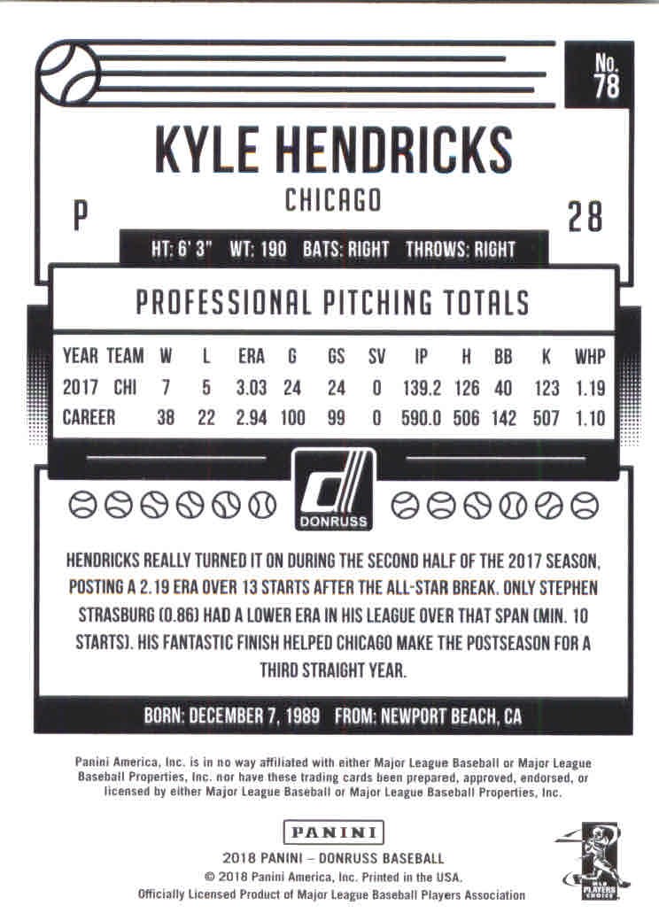 2018 Donruss #78 Kyle Hendricks back image