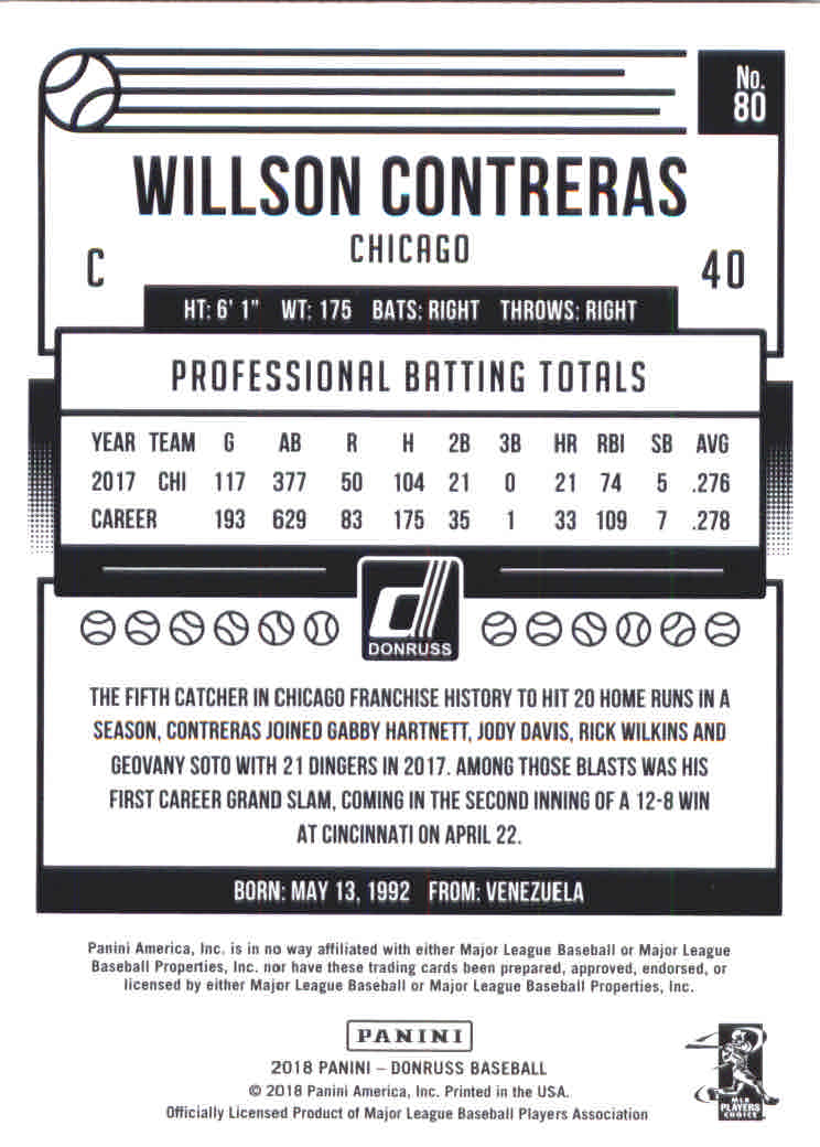 2018 Donruss #80 Willson Contreras back image