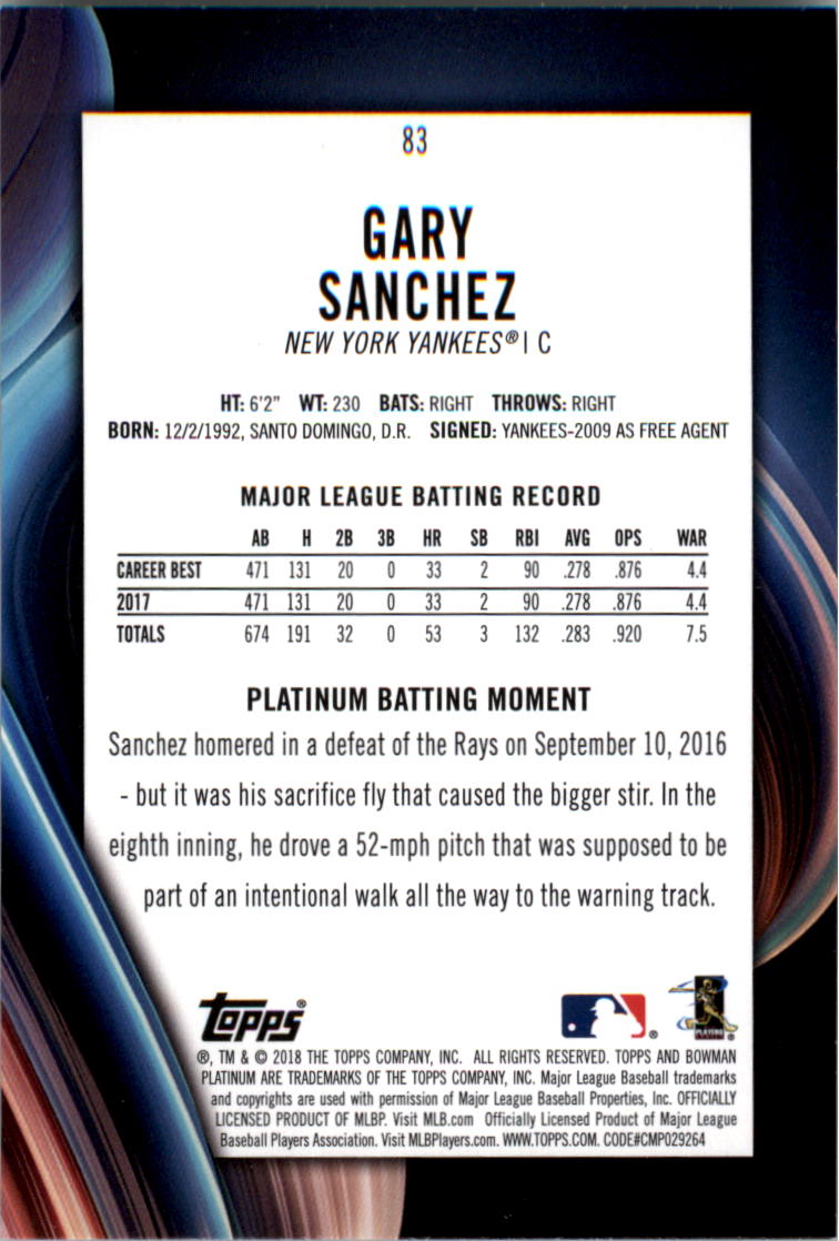 2018 Bowman Platinum #83 Gary Sanchez back image