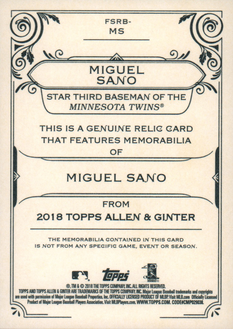 2018 Topps Allen and Ginter Relics #FSRBMS Miguel Sano B back image