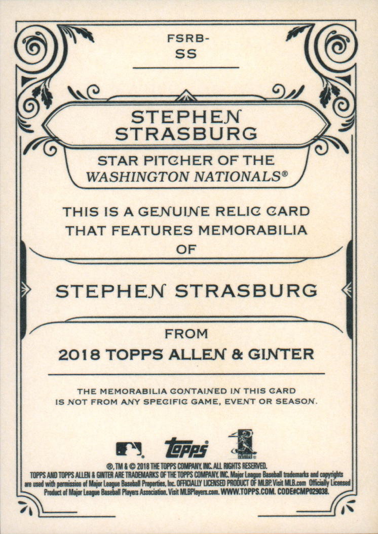 2018 Topps Allen and Ginter Relics #FSRBSS Stephen Strasburg B back image
