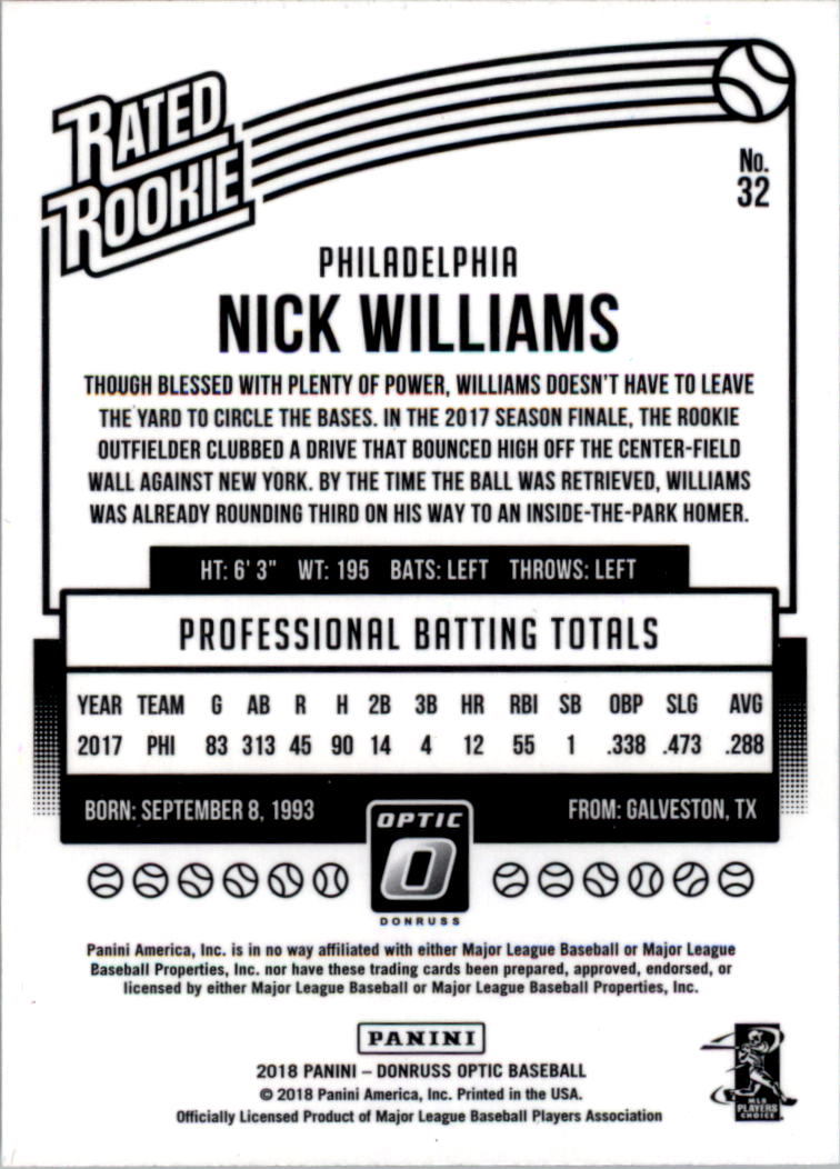 2018 Donruss Optic #32 Nick Williams RR RC back image