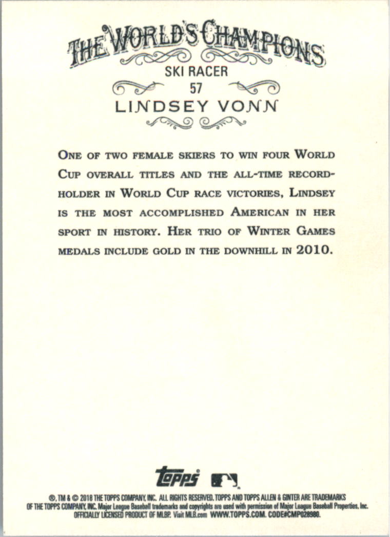 2018 Topps Allen and Ginter X #57 Lindsey Vonn back image