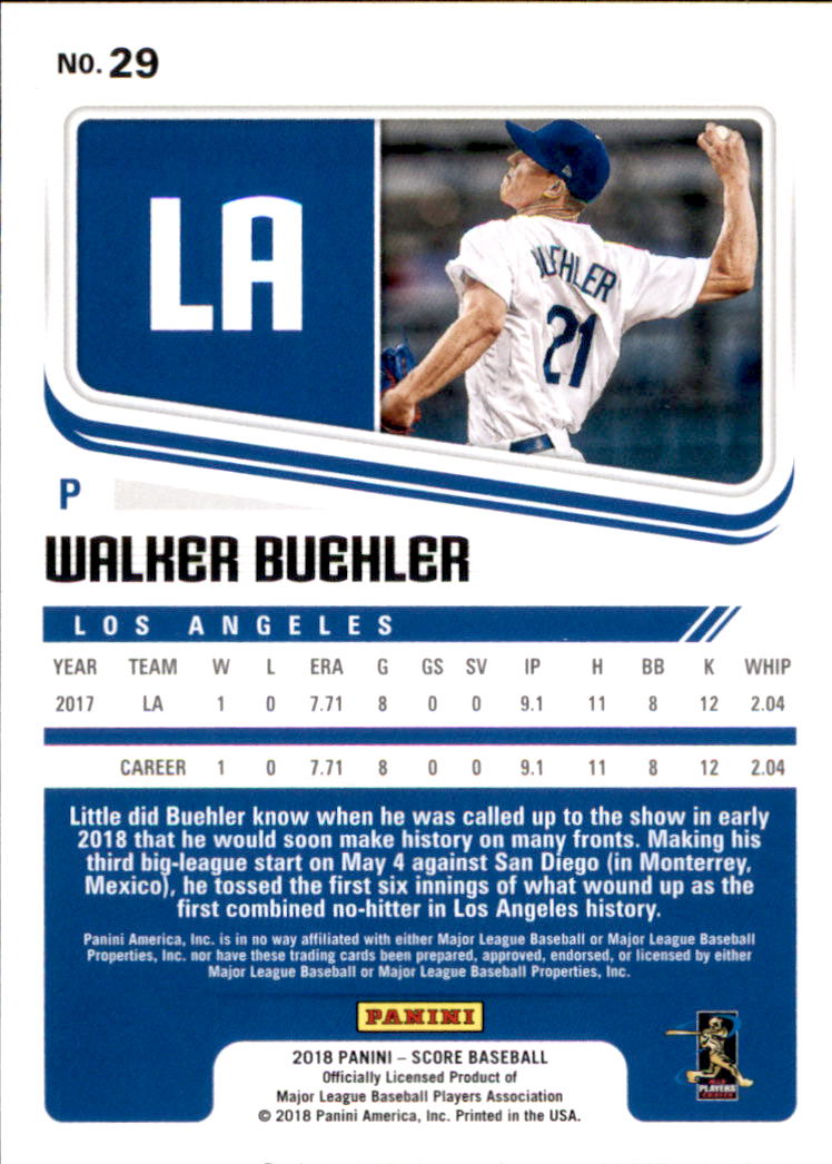 2018 Score #29 Walker Buehler RC back image