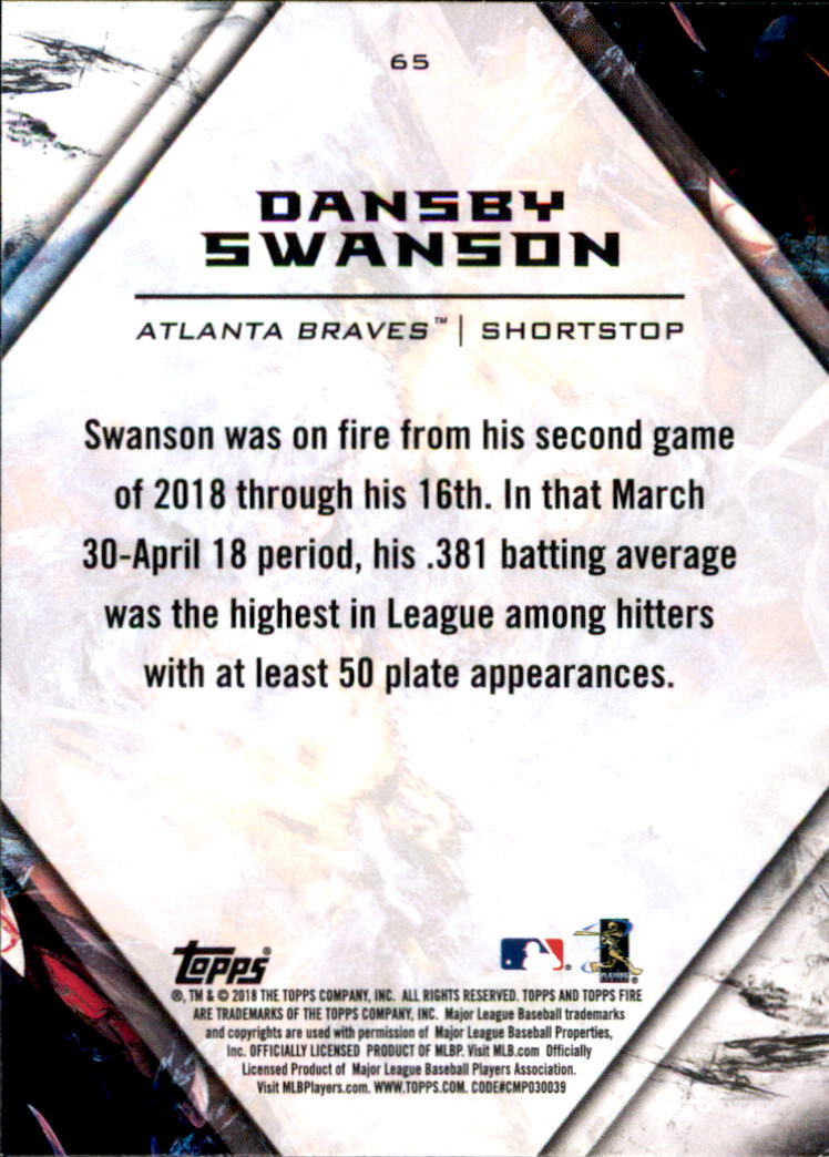 2018 Topps Fire #65 Dansby Swanson back image