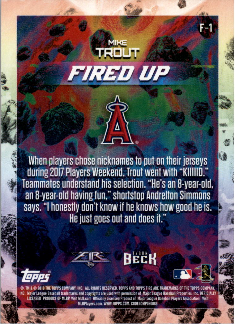 2018 Topps Fire Fired Up Gold #F1 Mike Trout back image