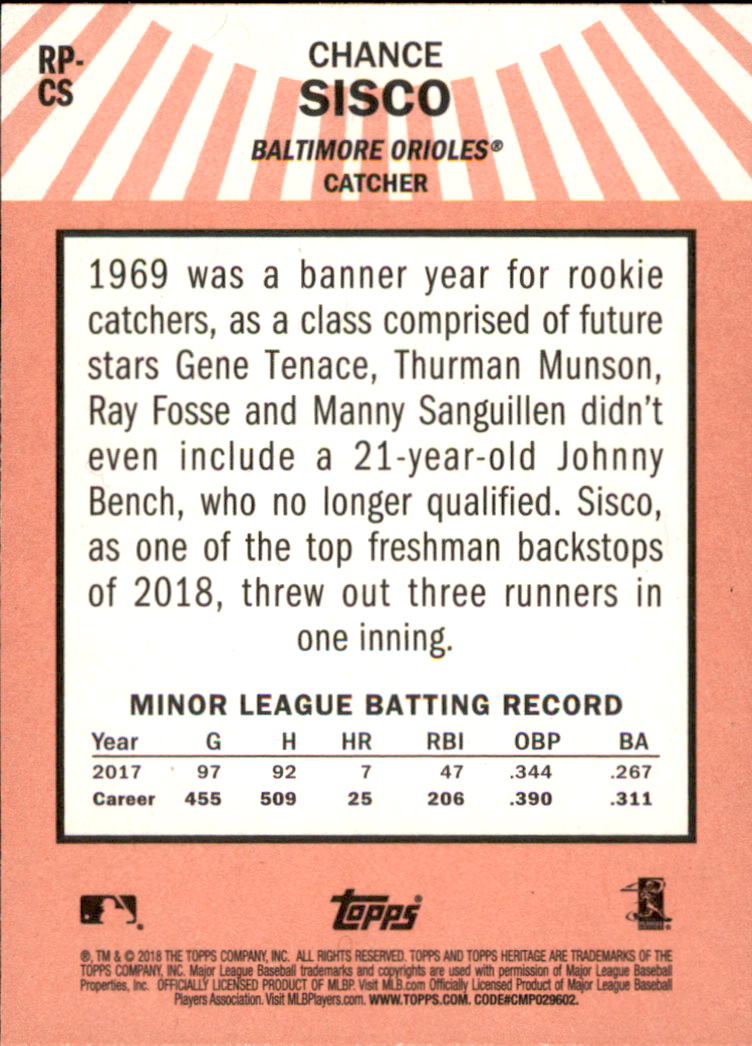 2018 Topps Heritage Rookie Performers #RPCS Chance Sisco back image