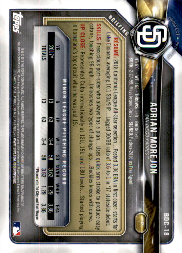 2018 Bowman Chrome Draft #BDC18 Adrian Morejon back image