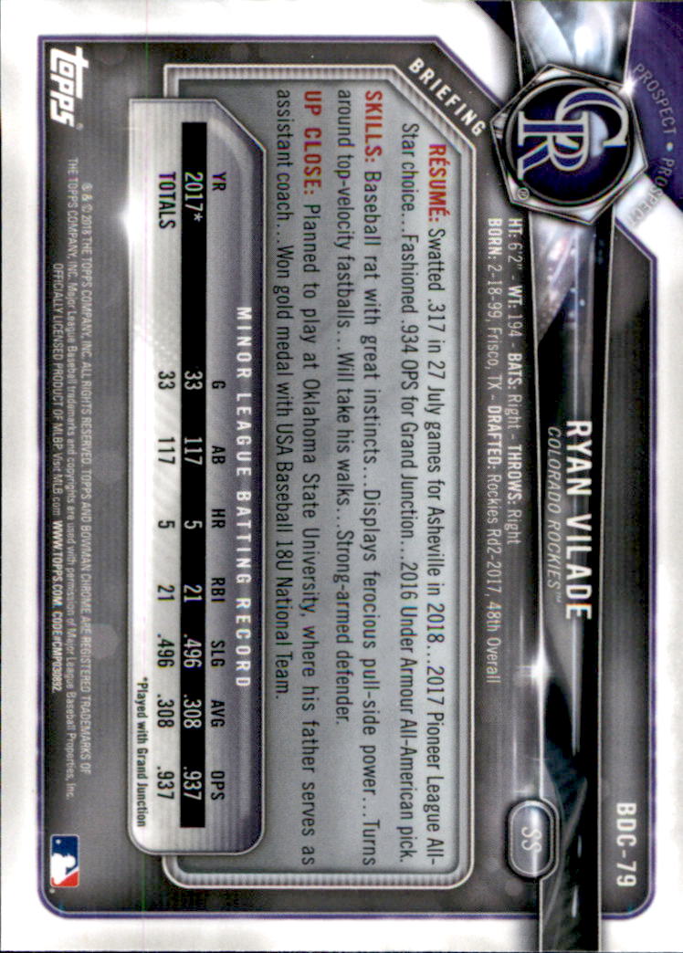 2018 Bowman Chrome Draft #BDC79 Ryan Vilade back image