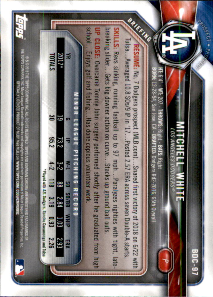 2018 Bowman Chrome Draft #BDC97 Mitchell White back image