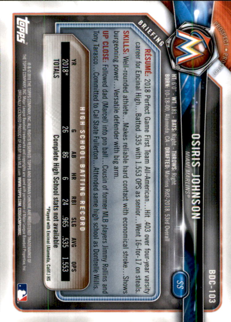 2018 Bowman Chrome Draft #BDC103 Osiris Johnson back image