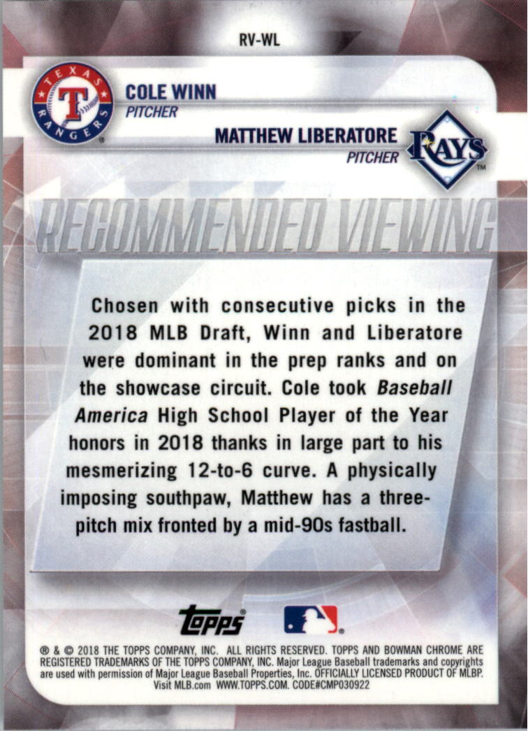 2018 Bowman Chrome Draft Recommended Viewing #RVWL Matthew Liberatore/Cole Winn back image
