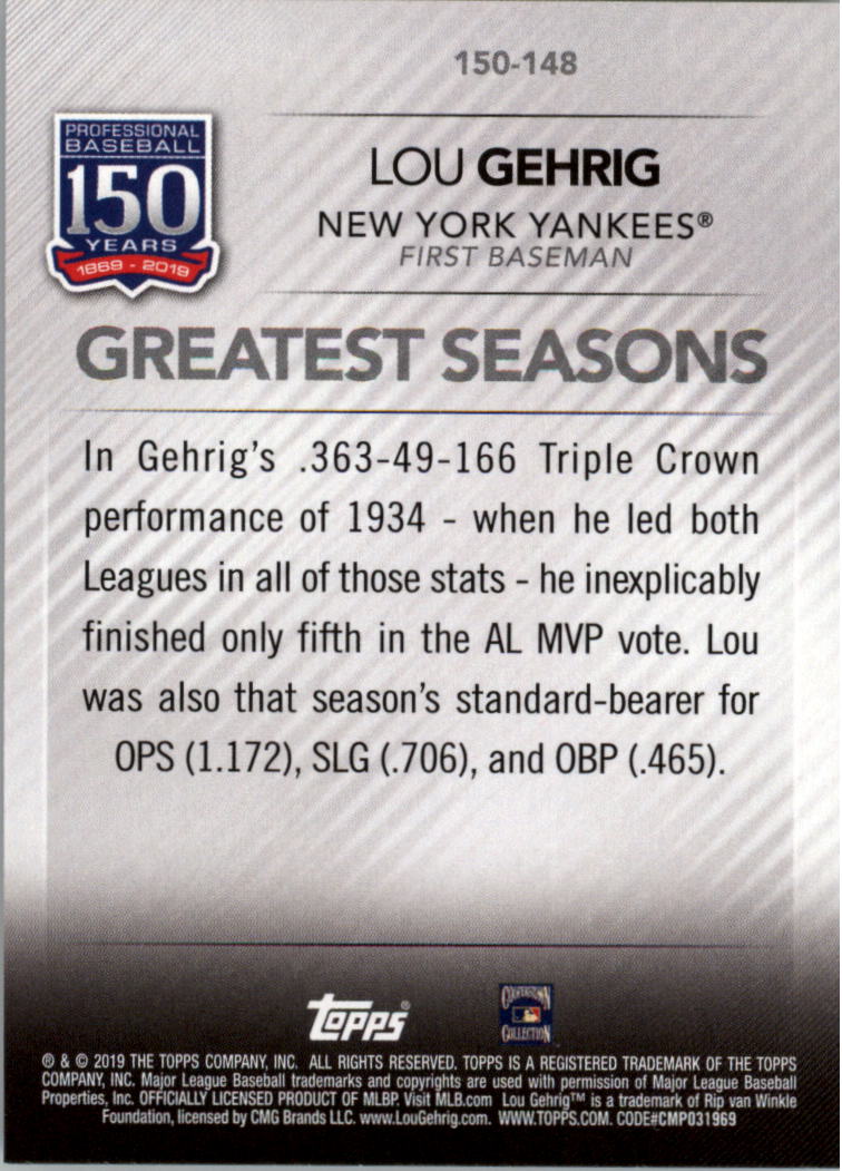 2019 Topps 150 Years of Professional Baseball #150148 Lou Gehrig