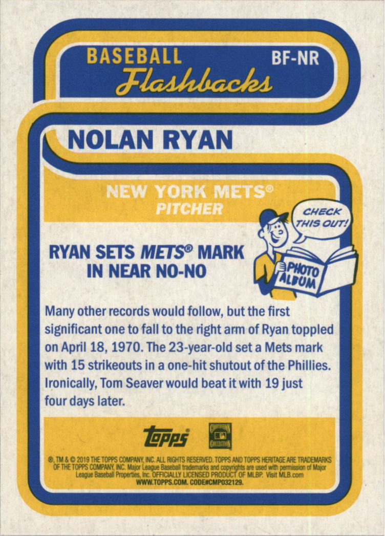 2019 Topps Heritage Baseball Flashbacks #BFNR Nolan Ryan back image
