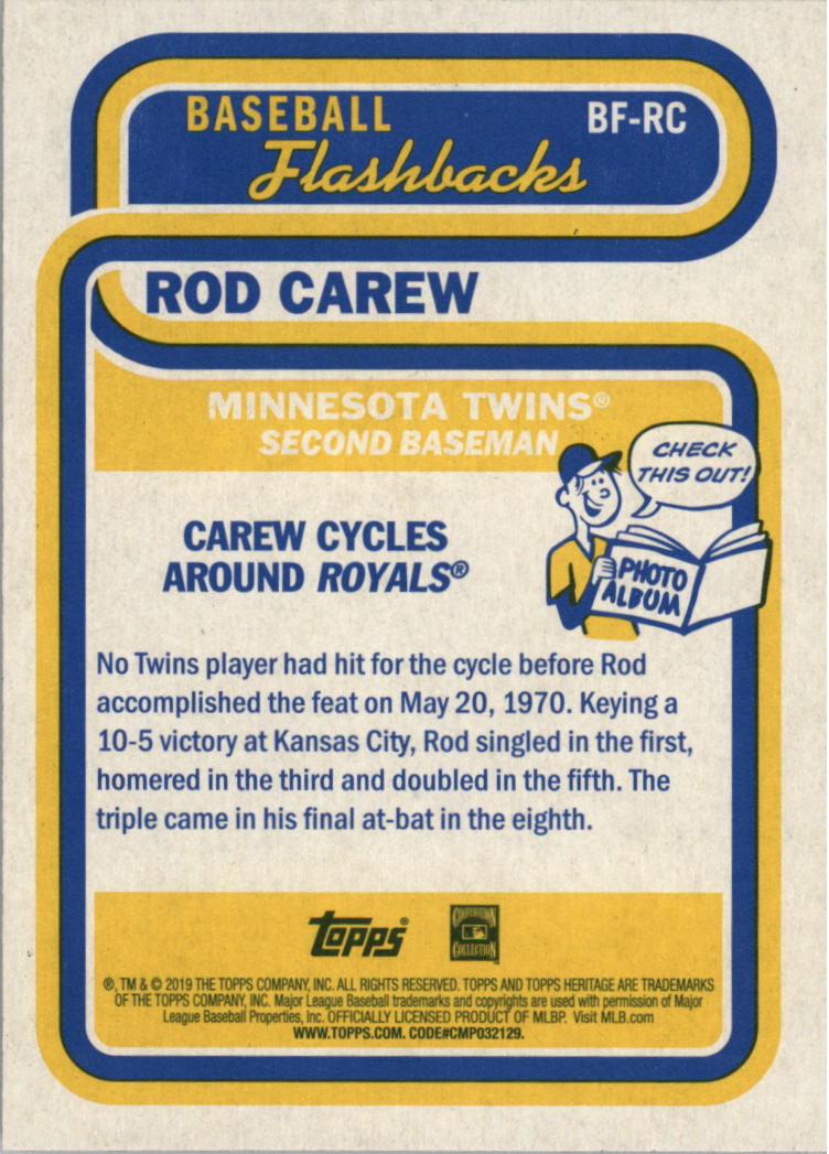 2019 Topps Heritage Baseball Flashbacks #BFRC Rod Carew back image