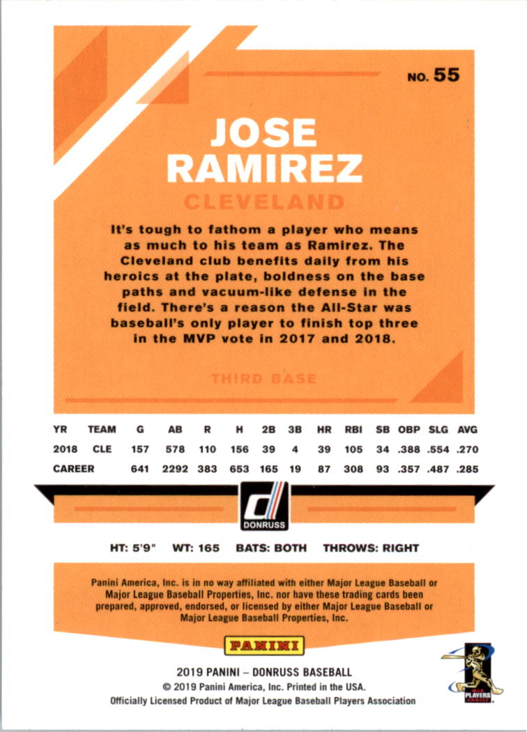 2019 Donruss #55 Jose Ramirez back image