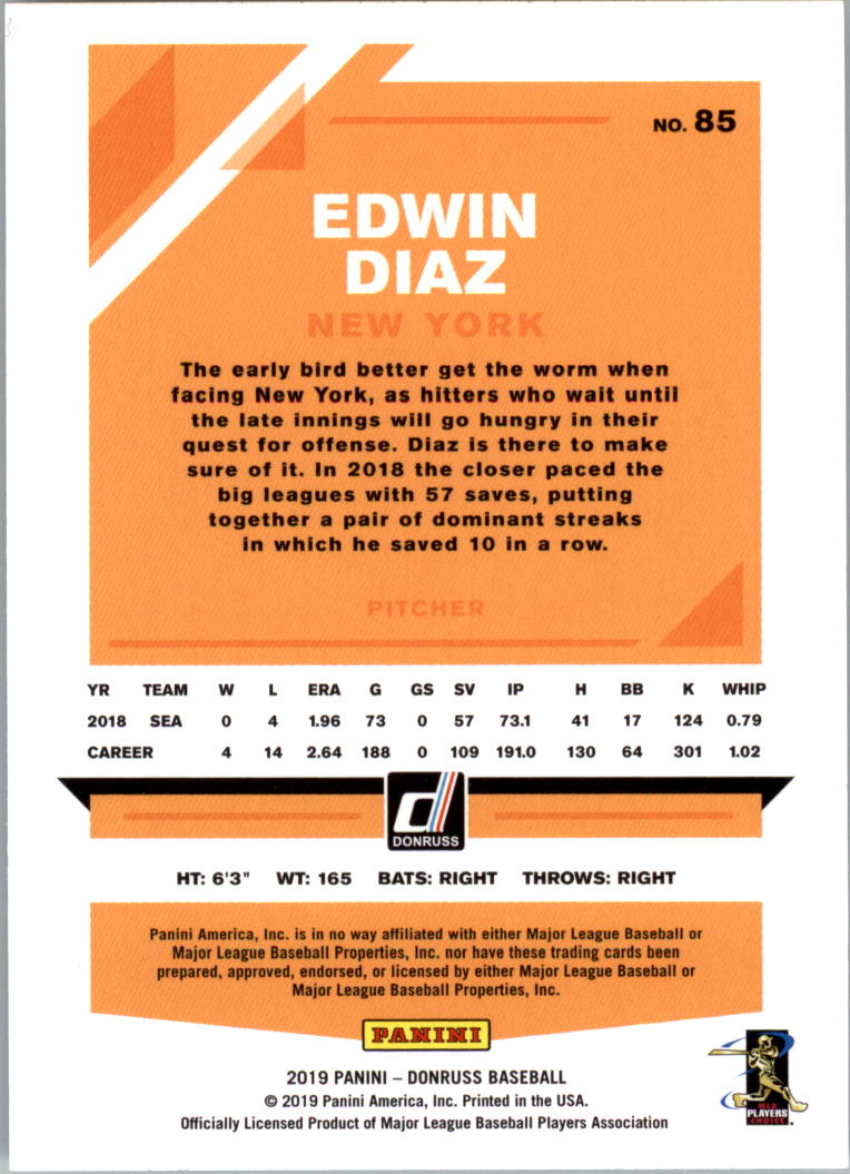 2019 Donruss #85 Edwin Diaz back image