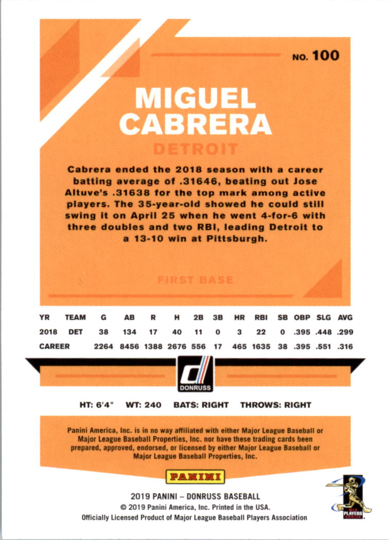 2019 Donruss #100 Miguel Cabrera back image