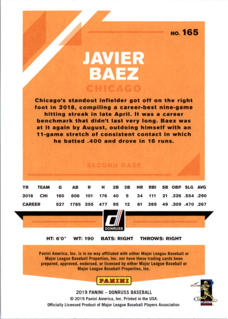 2019 Donruss #165 Javier Baez back image