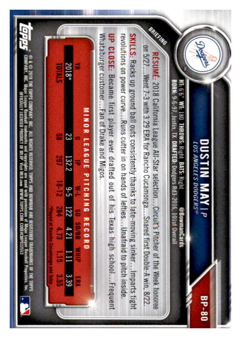 2019 Bowman Prospects #BP80 Dustin May back image
