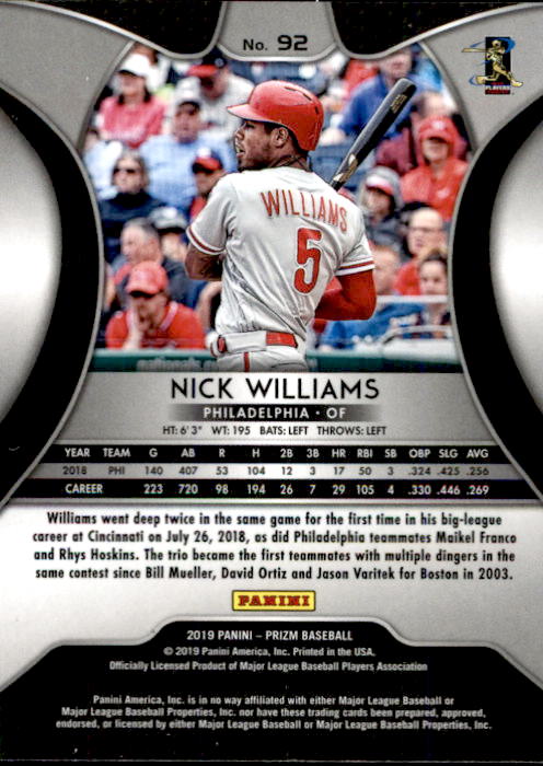 2019 Panini Prizm #92 Nick Williams back image