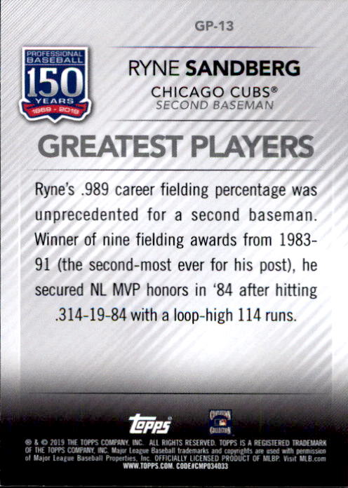 2019 Topps 150 Years of Professional Baseball Greatest Players #GP13 Ryne Sandberg back image