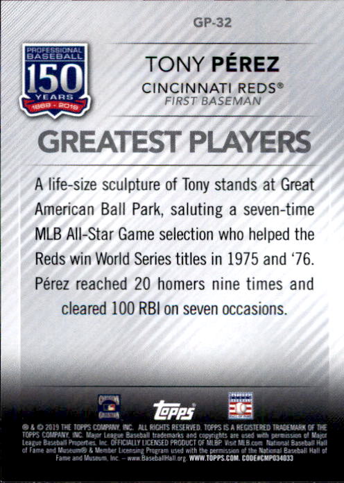 2019 Topps 150 Years of Professional Baseball Greatest Players #GP32 Tony Perez back image