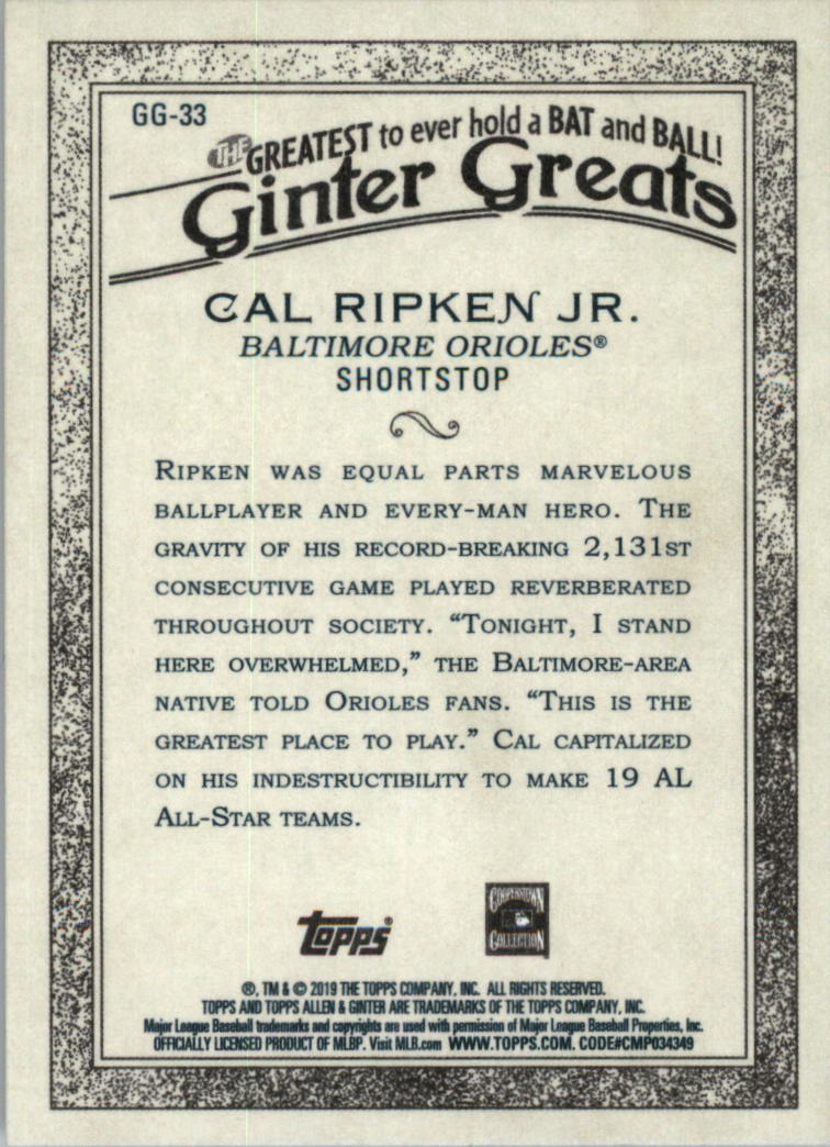 2019 Topps Allen and Ginter Ginter Greats #GG33 Cal Ripken Jr. back image