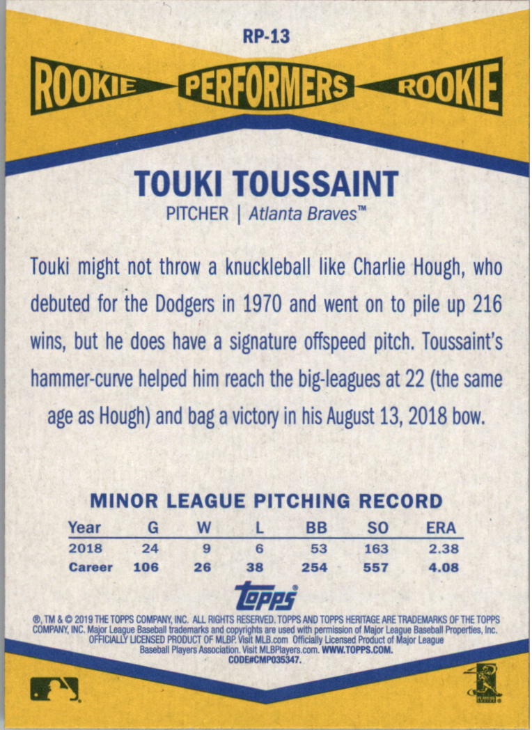 2019 Topps Heritage Rookie Performers #RP13 Touki Toussaint back image