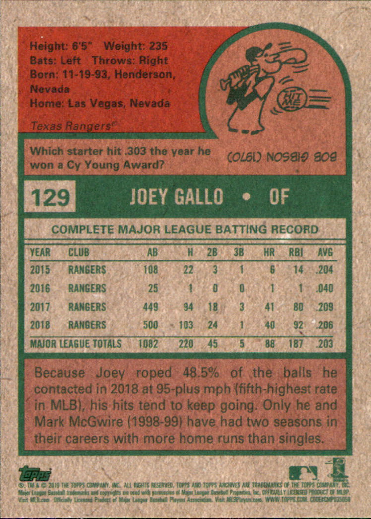 2019 Topps Archives #129 Joey Gallo back image