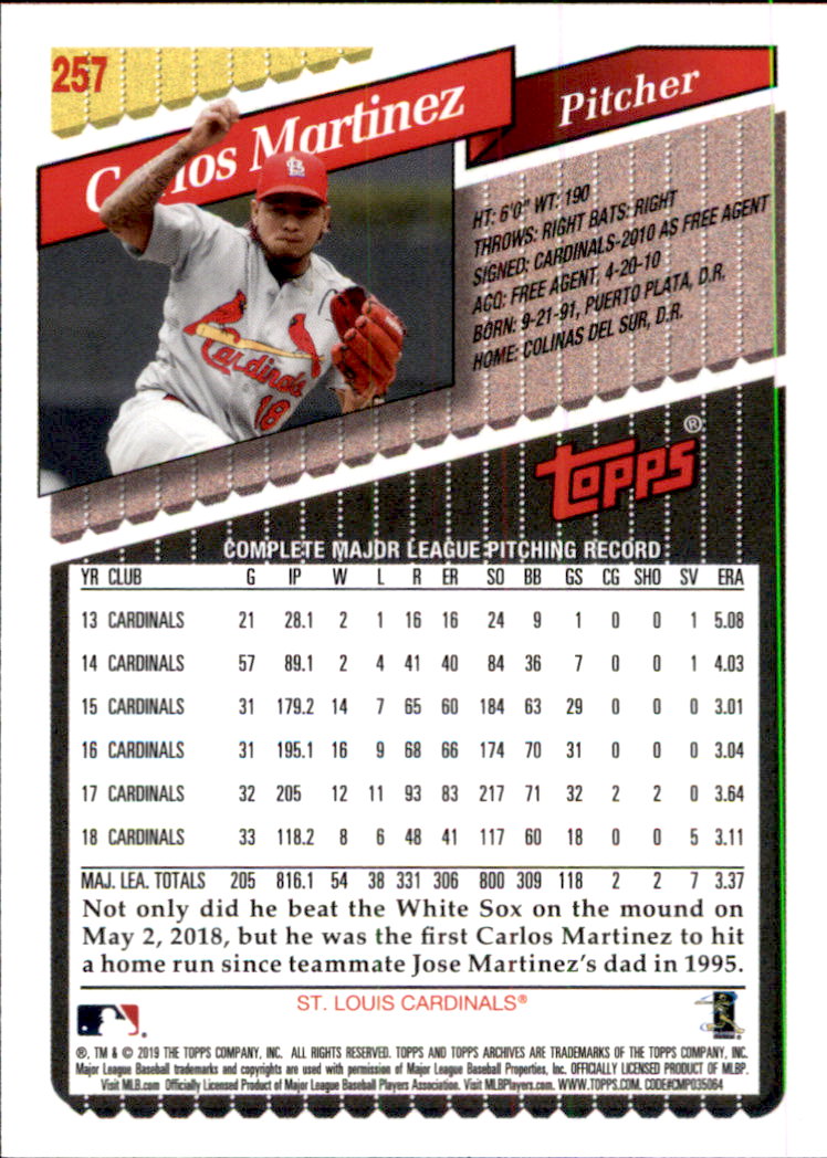 2019 Topps Archives #257 Carlos Martinez back image