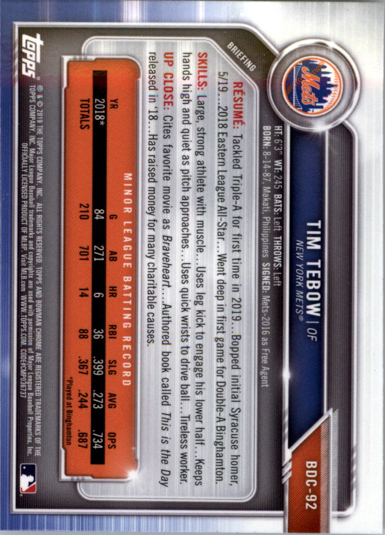 2019 Bowman Chrome Draft #BDC92 Tim Tebow back image