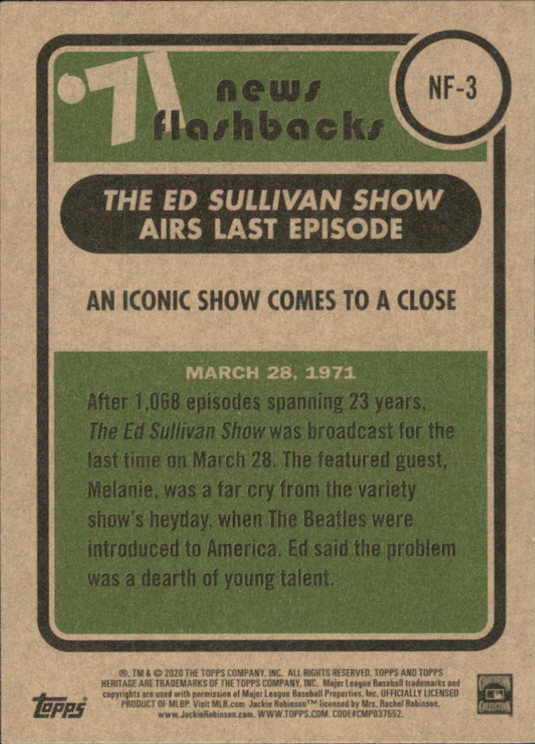 2020 Topps Heritage News Flashbacks #NF3 The Ed Sullivan show airs last episode back image