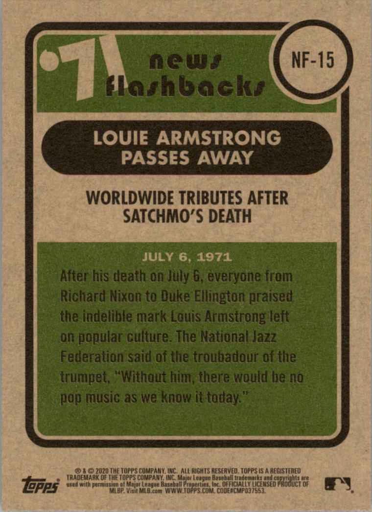 2020 Topps Heritage News Flashbacks #NF15 Louie Armstrong passes away back image
