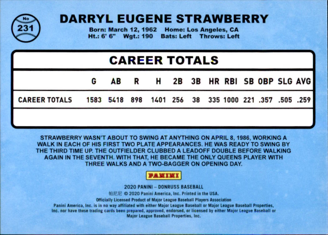 2020 Donruss #231 Darryl Strawberry RETRO back image