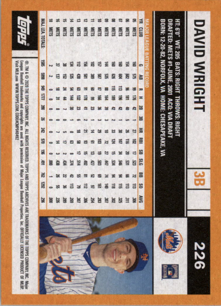 2020 Topps Archives #226 David Wright back image