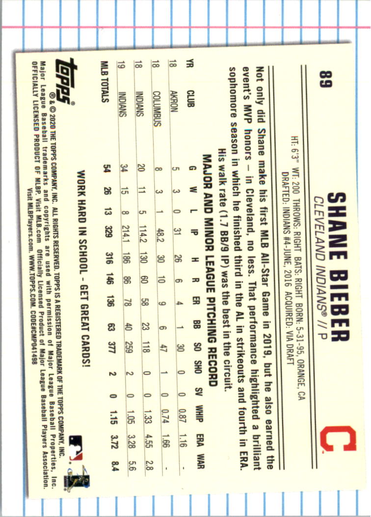 2020 Topps of the Class #89 Shane Bieber back image