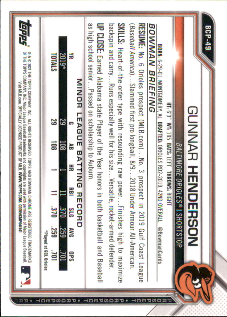 2021 Bowman Chrome Prospects #BCP49 Gunnar Henderson