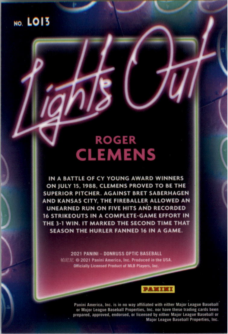 2021 Donruss Optic Lights Out #13 Roger Clemens back image