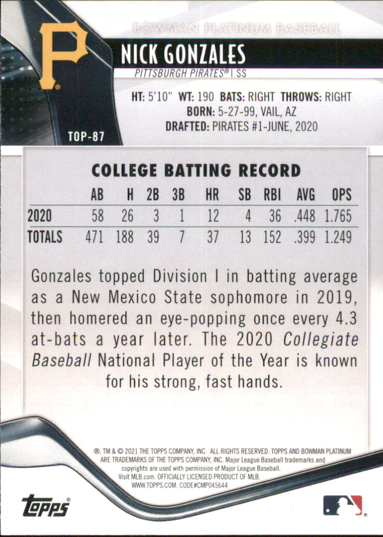 2021 Bowman Platinum Top Prospects #TOP87 Nick Gonzales
