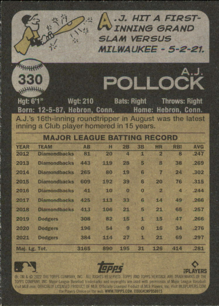 2022 Topps Heritage #330 A.J. Pollock back image