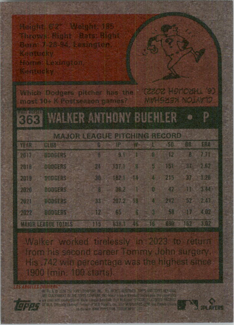2024 Topps Heritage White Border #363 Walker Buehler