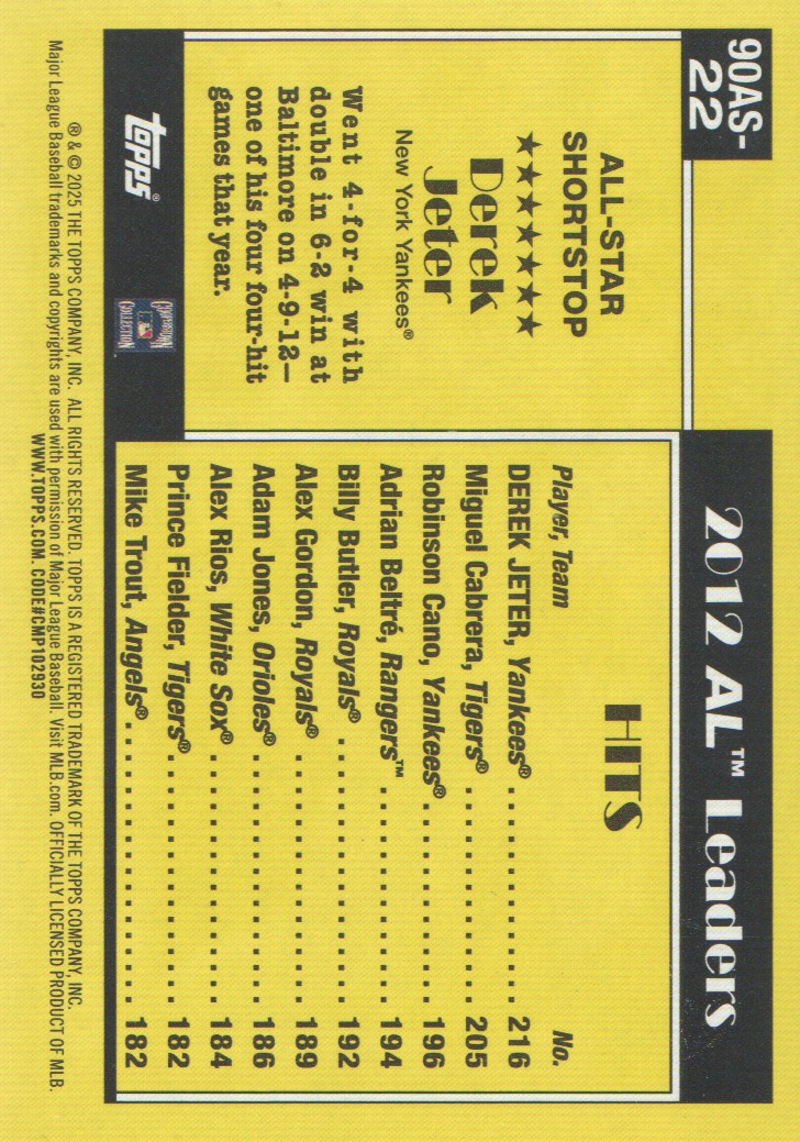 2025 Topps '90 Topps All Star #90AS22 Derek Jeter