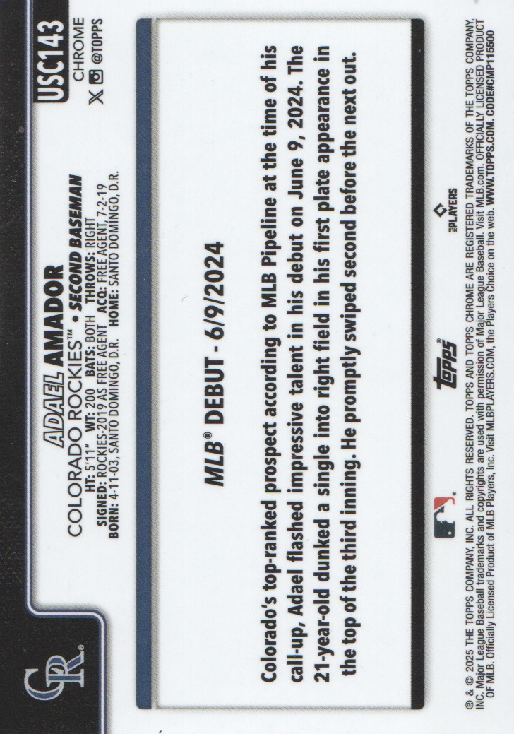 2025 Topps Chrome Update #USC143 Adael Amador RC